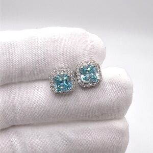 .925 Sterling Silver Halo Cushion Cut Simulated Aquamarine Cz Earrings